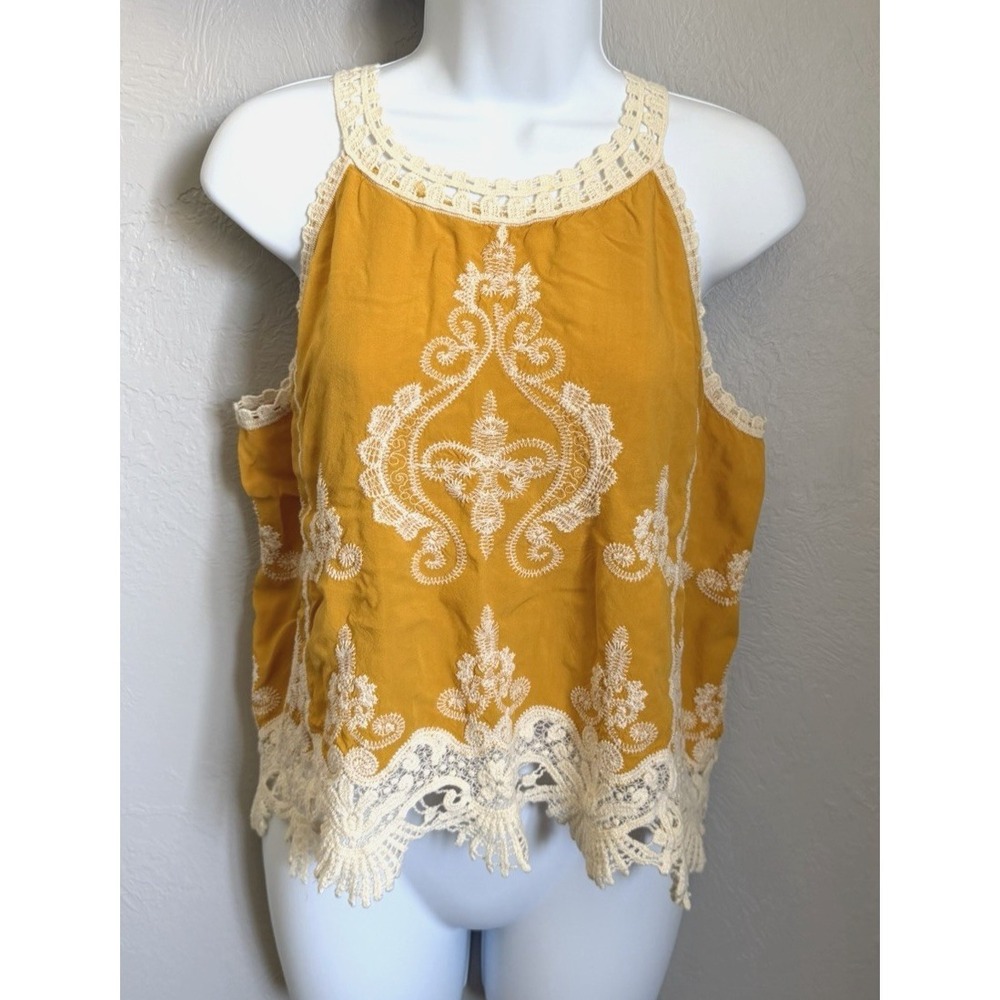 Ultra Pink Tank Top Womens Size Small Yellow Summer Lace Embroidered‎ Boho